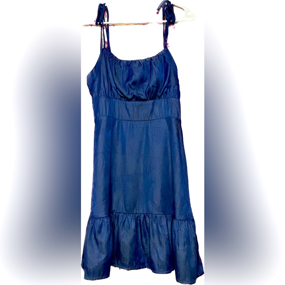 Y2K denim style mini dress with shoulder tie spaghetti straps.